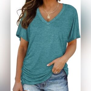 Women’s short sleeve dolman Vneck side shirring Small Teal
